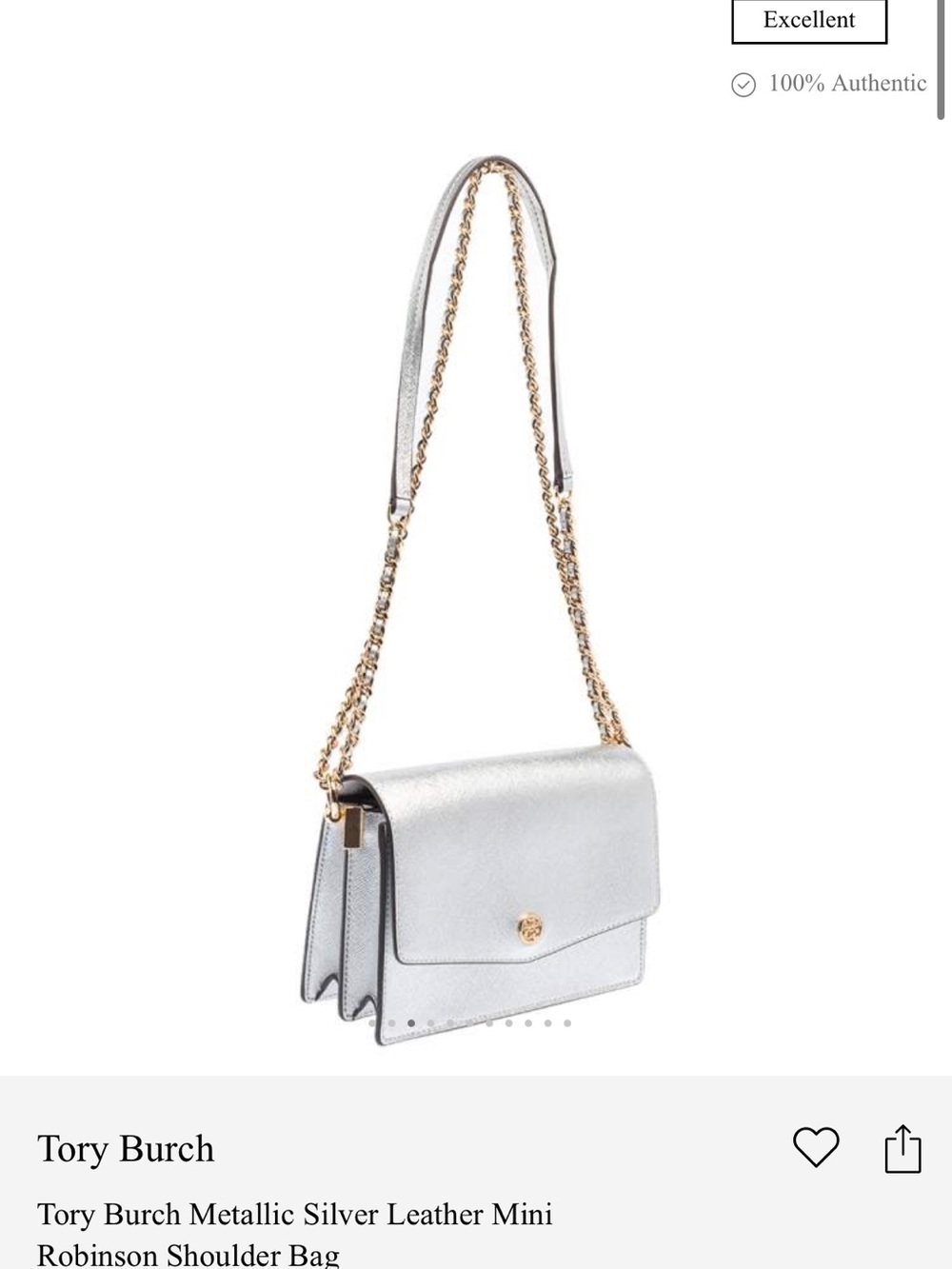 Tory Burch Mini Robinson Metallic Silver Crossbody/Shoulder Bag with Gold Chain